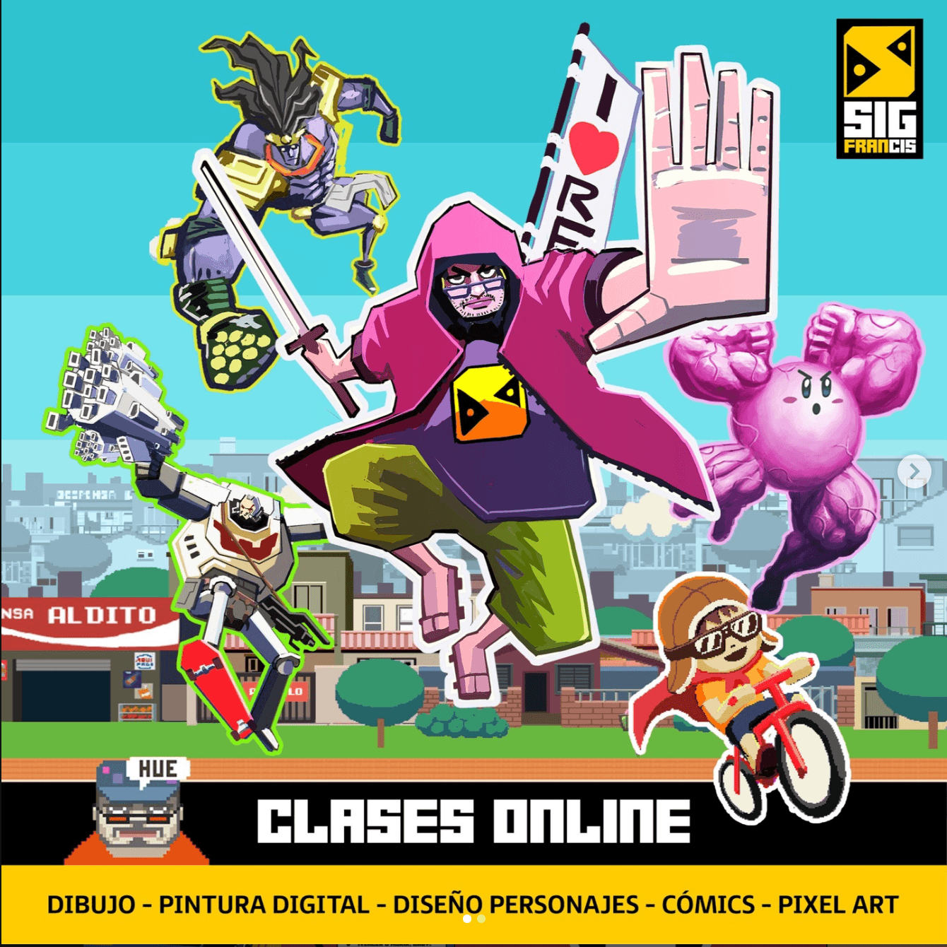 Afiche de clases online de Sigfrancis con personajes ilustrados